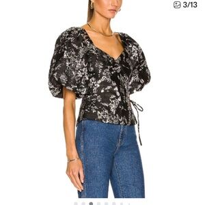 Jonathan Simkhai Black and White Floral Puff Sleeve Blouse